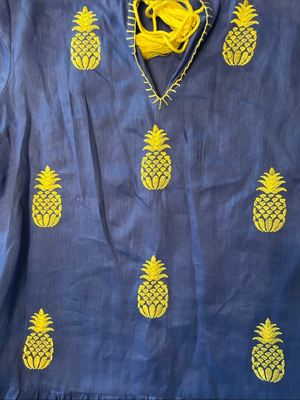 Tyler Boe 💯%Linen Blue Dress w/Yellow Pineapples embroidered everywhere.szSMALL - Picture 9 of 14
